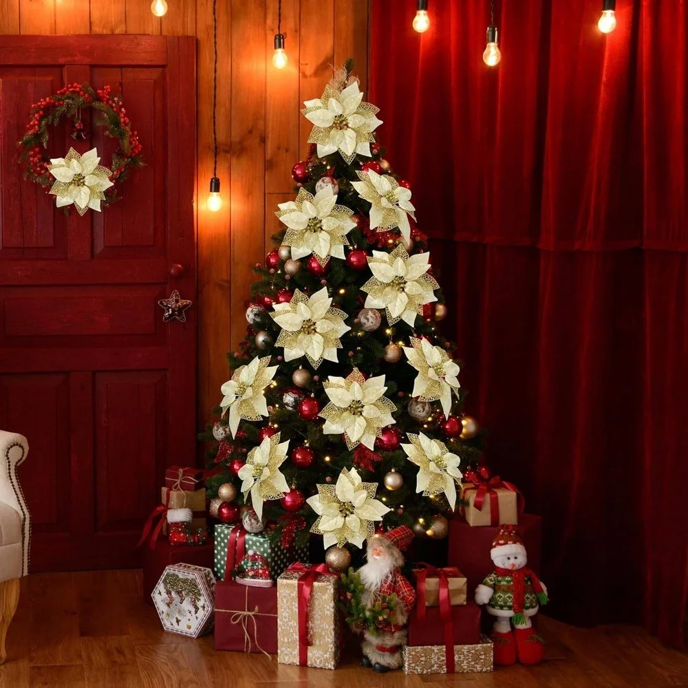12pc Champagne Gold Glitter Poinsettia Christmas Tree Ornaments with Clips 8.7in